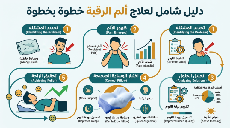 مخطط توضيحي لعلاقة وضعية النوم والوسادة بآلام الرقبة من الخلف – دليل 2026