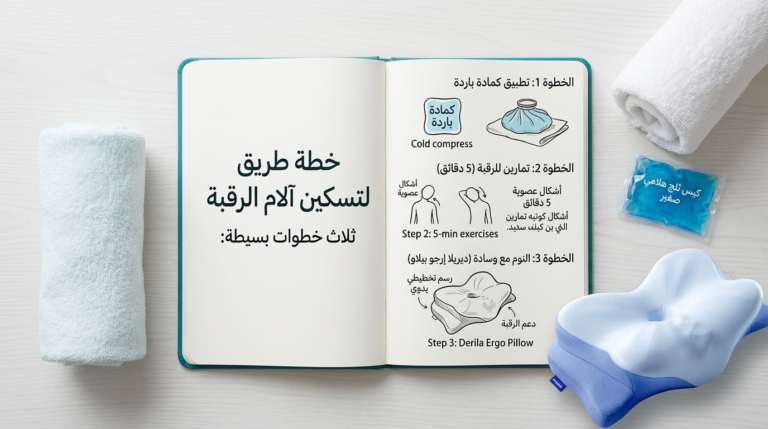 خطة علاج الم الرقبة من الخلف في 3 خطوات — كمادات، تمارين، وسادة Derila Ergo