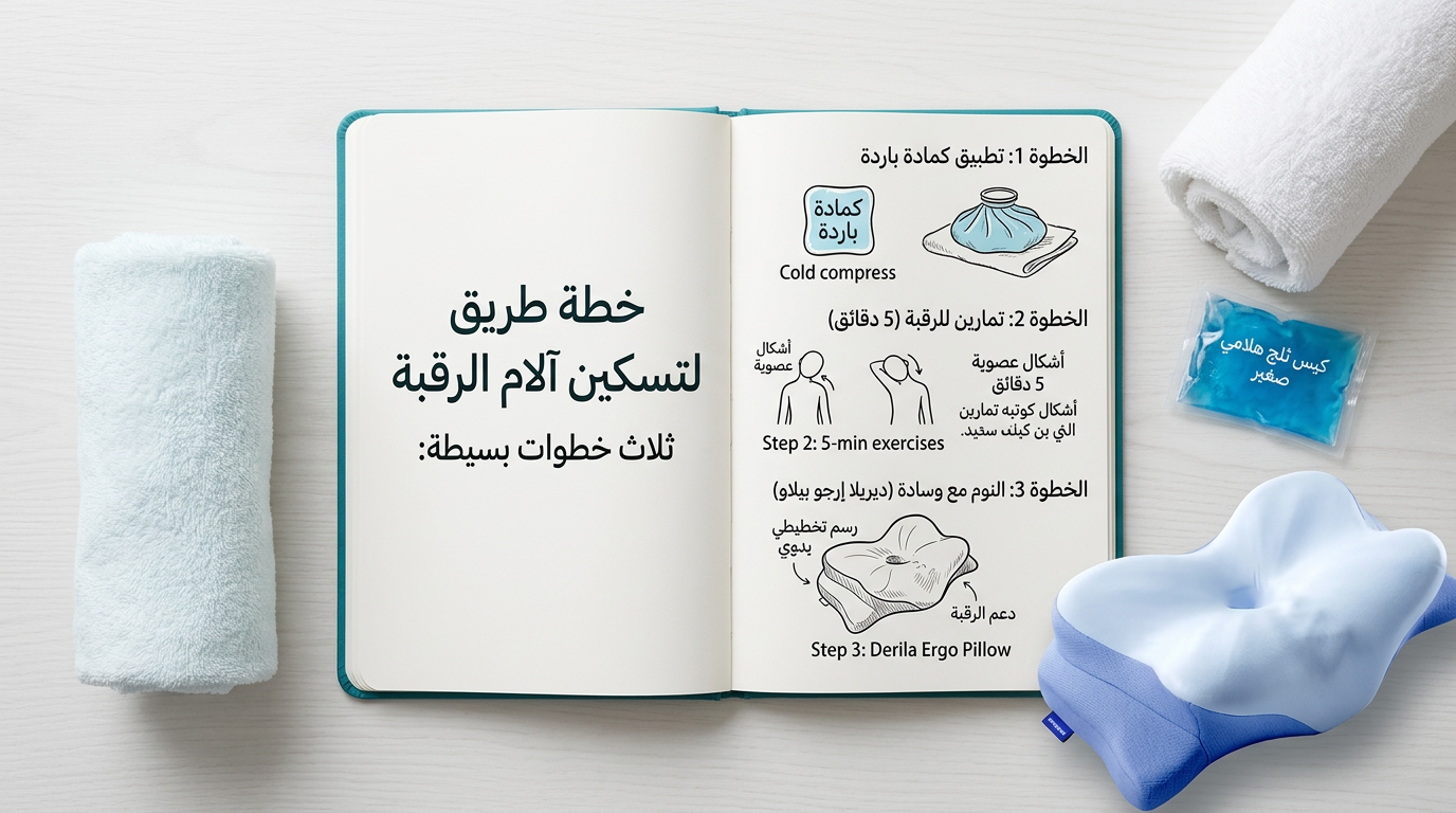 خطة علاج الم الرقبة من الخلف في 3 خطوات — كمادات، تمارين، وسادة Derila Ergo