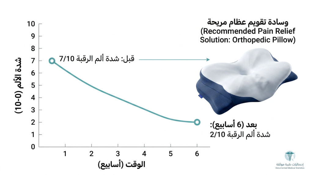 رسم بياني يوضح انخفاض شدة ألم الرقبة من الخلف خلال 30 يوماً من استخدام الوسادة المناسبة
