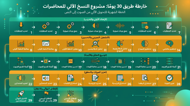 خطة 30 يوماً لتفريغ المحاضرات بالذكاء الاصطناعي – جدول توفير الوقت